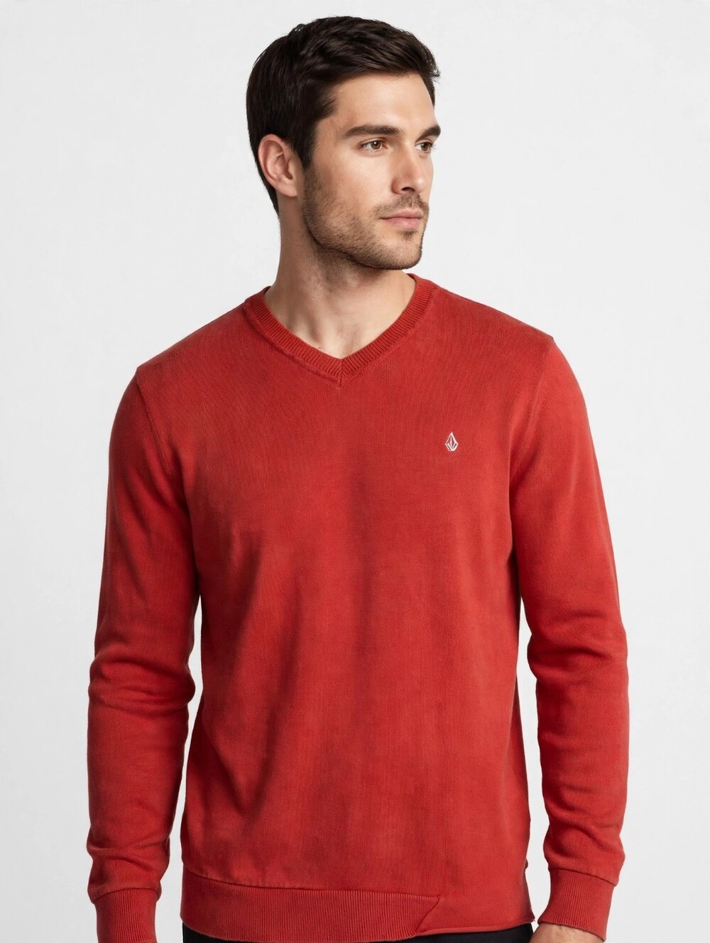 Volcom Men's V-Neck Sweater Size XL Burnt Red Long Sleeve Knit Stone Logo